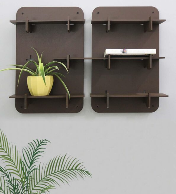 Brown Engineered Wood Rectangular Set of 2 Modular Wall Shelf