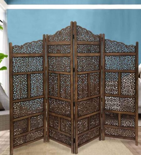 Brown Floral Handcarved Wooden Room Divider Four Panels Fine Carving Design