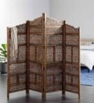 Brown Floral Handcarved Wooden Room Divider Four Panels Fine Carving Design
