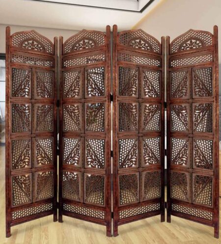 Brown Floral Handcarved Wooden Room Divider Four Panels In Fine Carving Shessham Wood