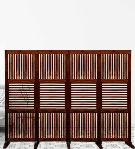 Brown Floral Handcarved Wooden Room Divider Four Panels In Horizontal And Vertical Wooden Stripes With Stand