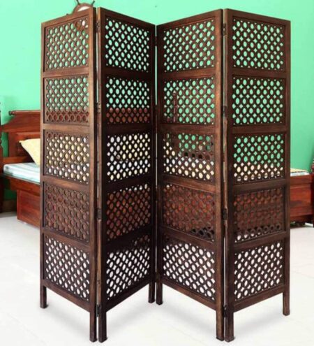 Brown Floral Handcarved Wooden Room Divider Four Panels In Ring Pattern