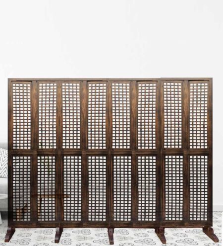 Brown Floral Handcarved Wooden Room Divider Four Panels In Wooden Net Pattern With Stand