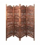 Brown Floral Handcarved Wooden Room Divider Four Panels With Elephant Carving Design
