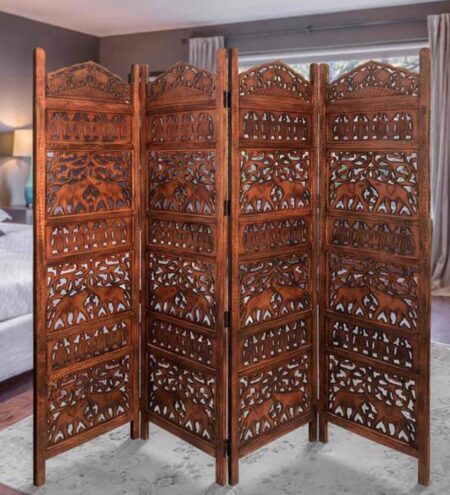 Brown Floral Handcarved Wooden Room Divider Four Panels With Elephant Carving Design