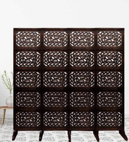 Brown Floral Handcarved Wooden Room Divider Four Panels With Stand