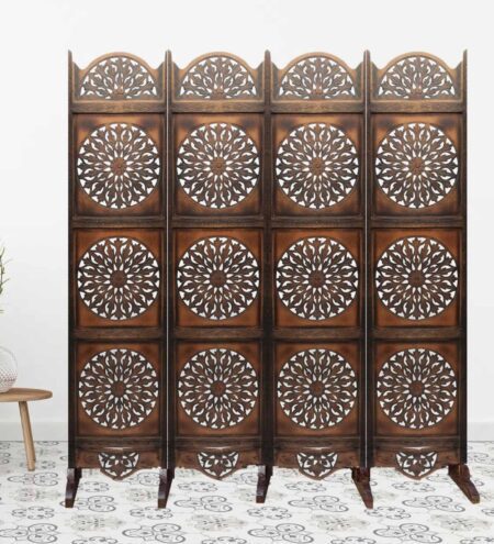 Brown Handcarved Wooden Room Divider Four Panels In Circular Floral Pattern With Stand