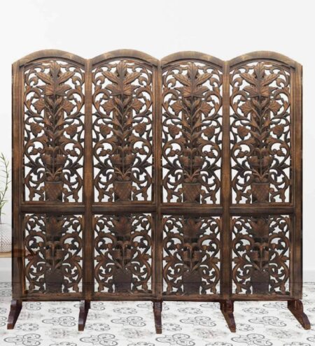 Brown Handcarved Wooden Room Divider Four Panels In Plant With Flower Floral Pattern With Stand