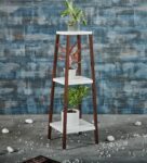 Brown Pine Wood White Base With Dark Legs Three Tier Planter Stand