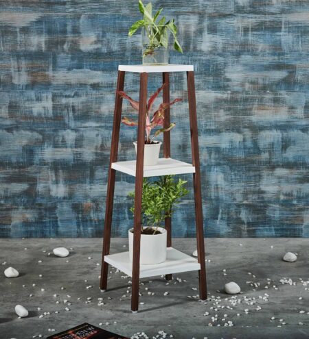 Brown Pine Wood White Base With Dark Legs Three Tier Planter Stand