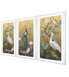 Peacock Brown Cotton Canvas Framed Wildlife Art Print Set of 3