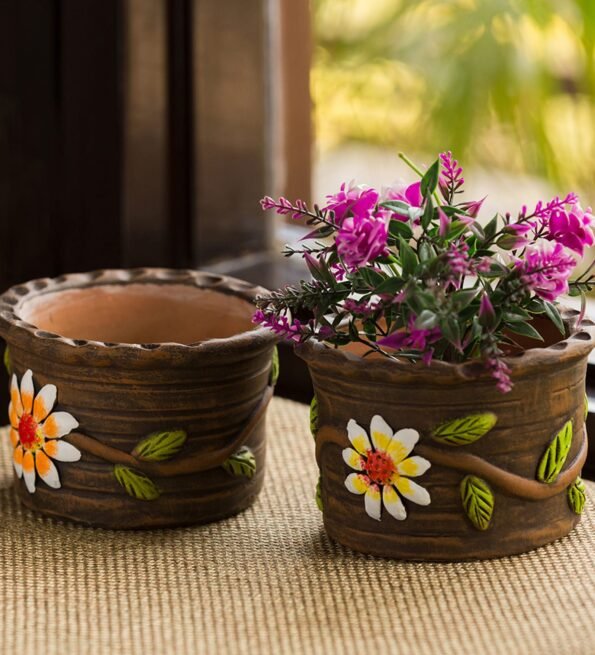 Cedar Brown Terracotta Mud Blossom Pair Handpainted Desk Pot Set Of 2