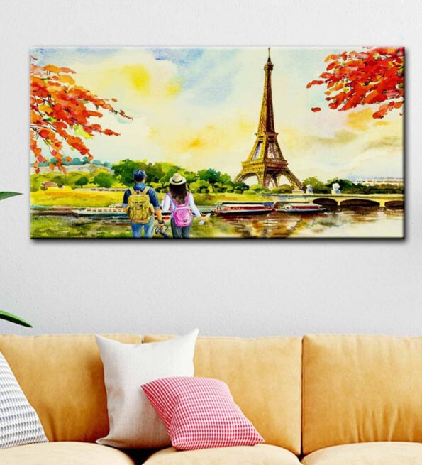 Couple in Paris Beautiful Scenery Canvas Printed Painting with Wood Frame