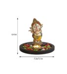 Cream Yellow Polyresin 7.5 Inches Ganesha Idol Statue With Wooden Tray Candle Holder & Pebbles