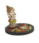 Cream Yellow Polyresin 7.5 Inches Ganesha Idol Statue With Wooden Tray Candle Holder & Pebbles