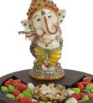 Cream Yellow Polyresin 7.5 Inches Ganesha Idol Statue With Wooden Tray Candle Holder & Pebbles