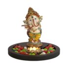 Cream Yellow Polyresin 7.5 Inches Ganesha Idol Statue With Wooden Tray Candle Holder & Pebbles