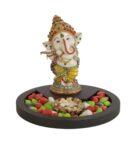 Cream Yellow Polyresin 7.5 Inches Ganesha Idol Statue With Wooden Tray Candle Holder & Pebbles