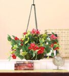 Dark Pink Polyester Bougainvillea Artificial Flower With Hanging Ironware Basket