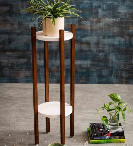 Dark Wooden Finish Round Double Decker Planter Stand