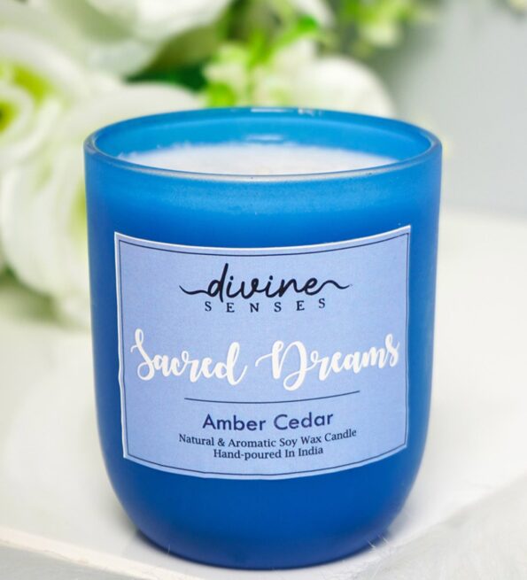 Amber And Cedar Blue Frosted Jar Candle | Natural & Aromatic Soy Wax Candle For Home Decor/Gifting