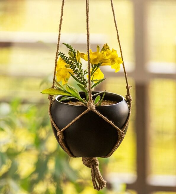 Black Goblet' Metal Hand-Painted Hanging Planter Pot With Jute