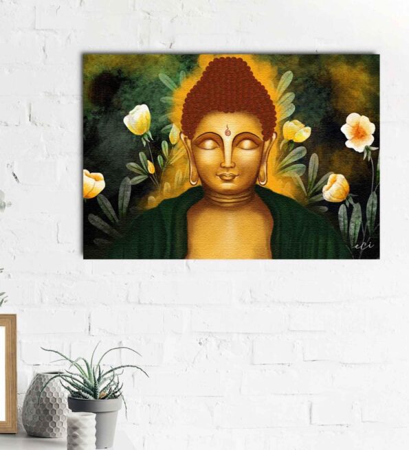 Gautam Buddha With Yellow Flowers Canvas Printed Wall Painting