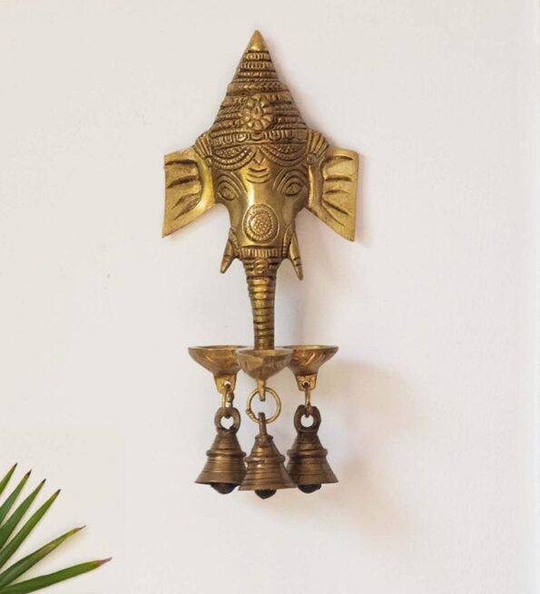 Gleaming Ganesha Hand-Etched Gold Brass Decorative Wall Hanging Diyas With Bells