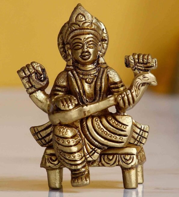 Gold Brass Goddess Saraswati Idol on Chowki