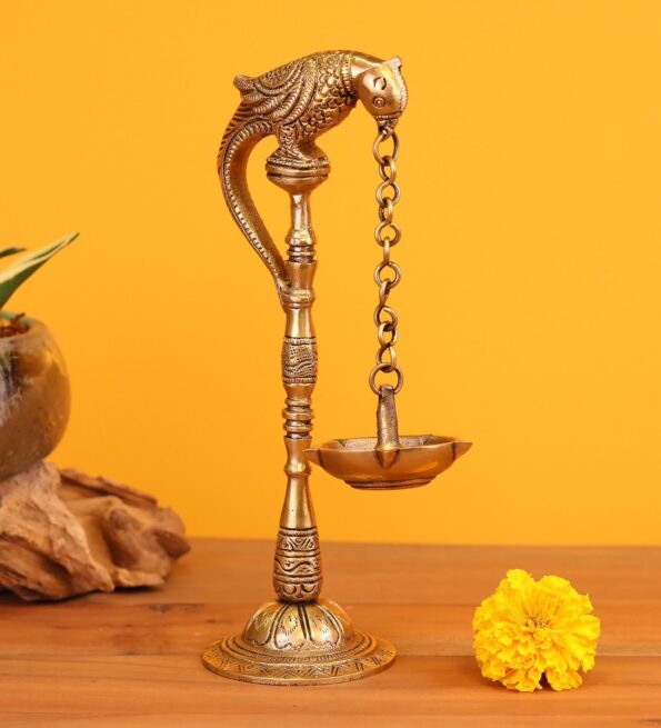 Gold Brass Parrot Lamp With Hanging Diya