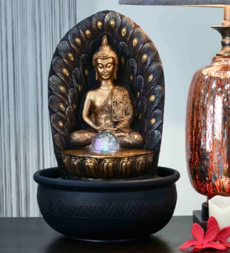 Gold Polyresin Buddha Peacock Water Fountain