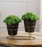 Green Plastic Artificial Leaves Plant with Metal Holder Set of 2