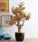 Green & Red Polyester Croton Artificial Plant With Ceramic Vase