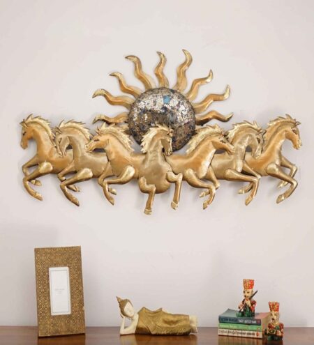 Iron 7 Sun Horse Mozaic Gold With Led Metal Wall Art