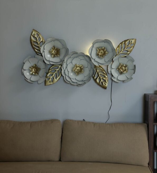 Iron Decorative Flower Wall Art With Led In White