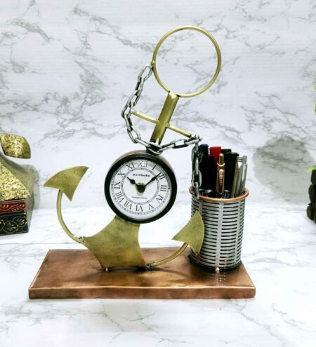 Iron Painted Vintage Anchor With Pen Stand Table Clock