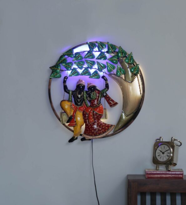 Iron Radha Krishna Framed Wall Art With Led In Multicolour