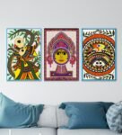 Madhubani Multicolour Canvas Framed Spiritual Art Print Set of 3