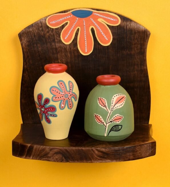 Madhubani (Set of 3) Wood & Terracotta Wall Shelve with Vase