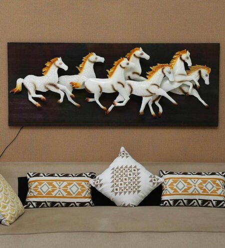 Iron And Mdf Wood 7 Horse In Frame Wall Art In White