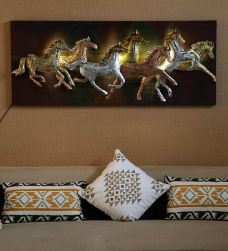 Iron And Mdf Wood 7 Horse In Frame Wall Art With Led In Brown