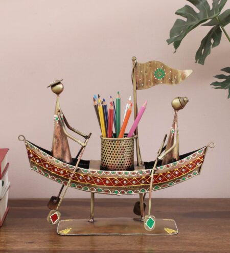 Metal Multicolour Hand Painted Boat Pen Stand