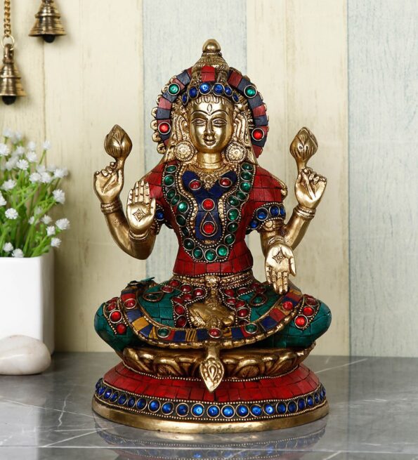 Multicolour Brass 9.5 Inches Goddess Laxmi Idol