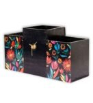 Multicolour Floral Handcrafted Table With Clock Desk Organizer