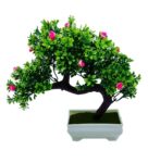 Dark Green Leaves & Pink Flowers Plastic Artificial Plant Bent with Pot