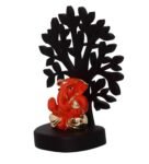 Multicolour Polyresin Gold Plated Orange Appu Ganesha Idol with Wooden Tree
