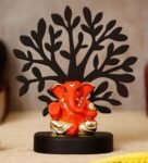 Multicolour Polyresin Gold Plated Orange Appu Ganesha Idol with Wooden Tree