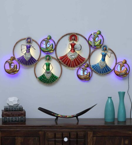 Multicolour Wrought Iron Painted Circle Dolls & Musicians Wall Decor With Led