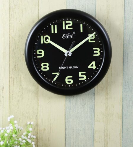 Black Engineered Wood Night Glow Modern Wall Clock