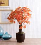 Polyester Orange Japanese Maple Bonsai With Glossy Ceramic Pot Artificial Plants